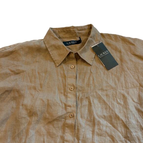Lauren Ralph Lauren Linen Shirt Womens Large Brown Button Up Dolman Short Sleeve - Picture 3 of 8